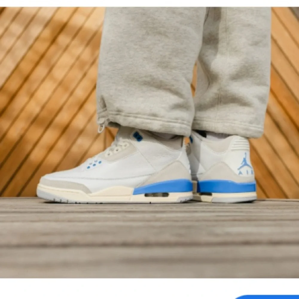 Jordan Men's White and Light Blue Athletic Shoes Air Jordan 3 Retro size 12